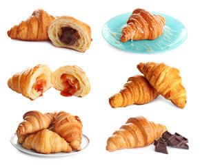 Set of delicious fresh baked croissants on white background. French pastry
