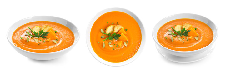 Fresh vegetable detox soup with croutons in dish on white background