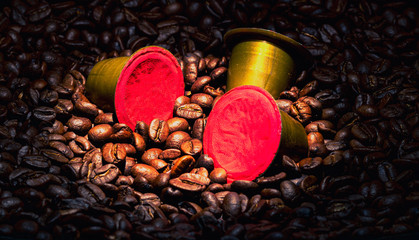Coffee pods on beans