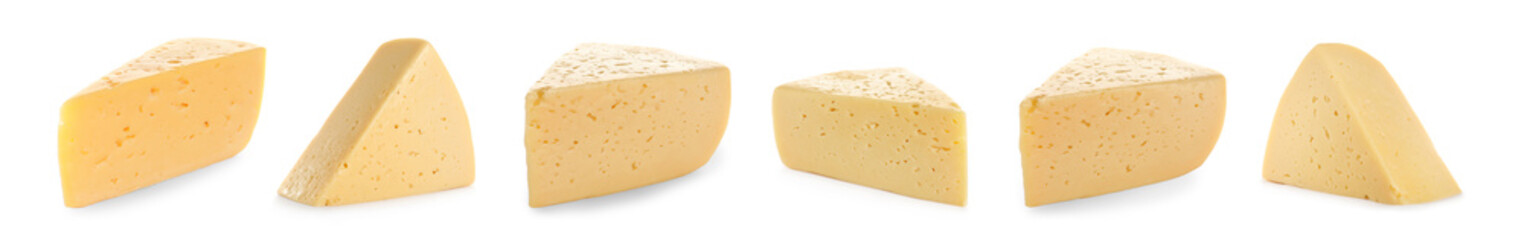 Set of delicious cheese on white background. Banner design