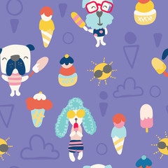 Seamless pattern for summer. Illustration of cute dogs and ice creams on sunny day. 