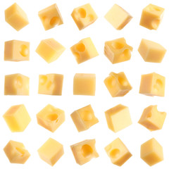 Set of different delicious cheese cubes on white background