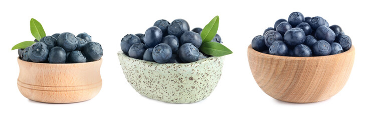 Set of delicious fresh blueberries on white background