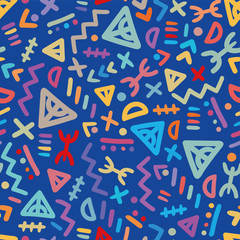 Obraz premium Fun and minimal tribal seamless pattern, colorul folk background with hand drawn shapes - Great for folk modern wallpaper, backgrounds, invitations, packaging design projects. Surface vector design