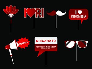 Set of party birthday and photo booth icon with Indonesia Independence day style. Vector Illustration