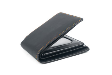Black leather wallet isolated on white background, concept business financial and shopping