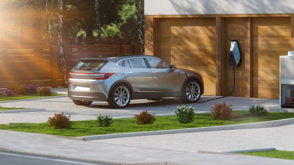 electric car parked in front of home modern low energy suburban house 3d rendering - obrazy, fototapety, plakaty