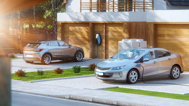electric car parked in front of home modern low energy suburban house 3d rendering