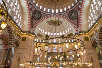 Fototapeta na wymiar Interior of the Suleiman Mosque (Suleymaniye Camii), grand 16th-century mosque in Istanbul