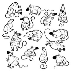 Vector collection of rats made in sketch style. Isolated on white.