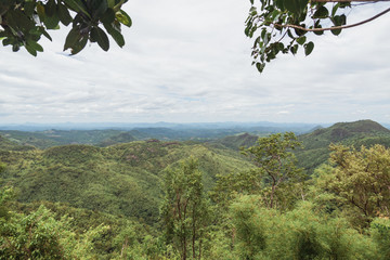Mountain with sky and clouds landscape.Green trees forest on high hill outdoor natural park.Panorama landscape concept.