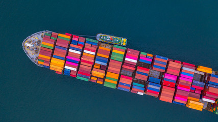 Container ship carrying container aerial view, Business import and export logistic and...