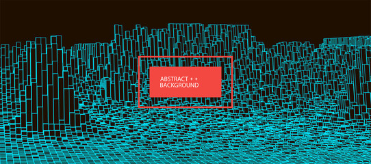 Square pattern. Wireframe landscape background. Futuristic vector illustration.