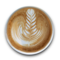 Top view of a mug of latte art coffee isolted on white background.