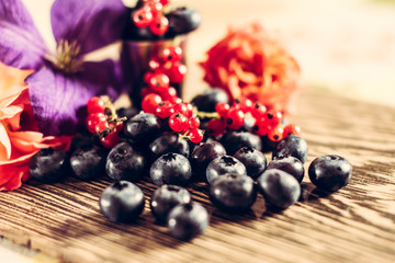Beautiful fragrant and delicious Cyanococcus berry on a brown background and a beautiful composition.