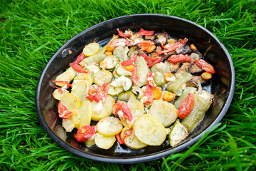 Tasty summer food. Roasted vegetables: zucchini, peppers, carrots, modiors and potatoes. Dish on the background of green grass.