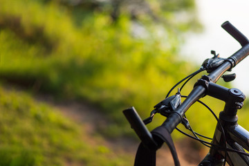 Close-up of mountain bike in the forest at sunset with copyspace