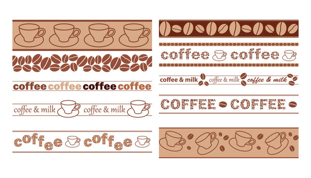 vector brown seamless borders with coffee grains and cups
