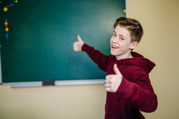 Happy teenage boy in casual clothes by the blackboard. School and education concept