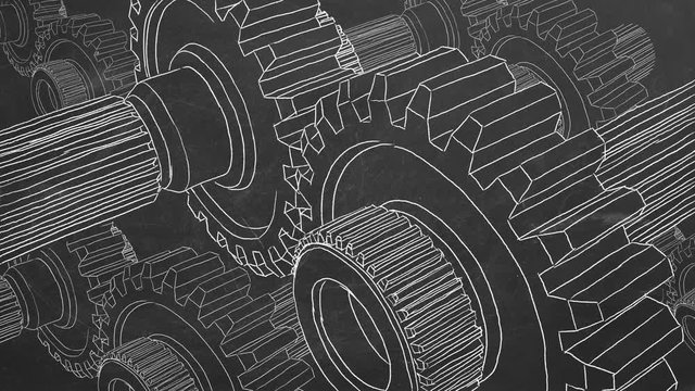Hand drawing on blackboard and animated gear transmission.