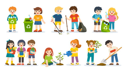 Obraz na płótnie Canvas Set of Cute kids volunteers . Save Earth. Waste recycling. Kids planted and watering young trees. they are gathering garbage and plastic waste for recycling. Isolated vector.