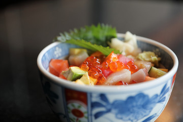 Mix sushi donburi in bowl , Japanese food
