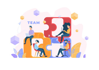 Business Concept. Work in the team, people are part of the puzzle of a successful business. Vector illustration