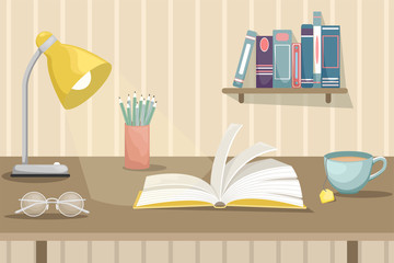 An open book on the desktop with a lamp, a Cup of tea and points. Wall shelf with books.