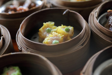 Dim sum , Steam Dumpling in wood basket Chinese food