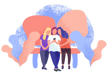Vector illustration. Group of girls looking at selfie taken on phone. Girls view photos on social networks. Friends in the park on a bench. Minimalistic flat style.