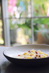 fettuccine carbonara , fettuccine pasta spaghetti with bacon ham and mushroon in white sauce italian food