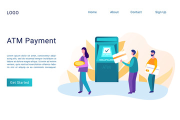 ATM payment landing page flat vector template. Money withdrawal, transfer, transaction website homepage concept. People holding debit cards and using automated teller machine web banner