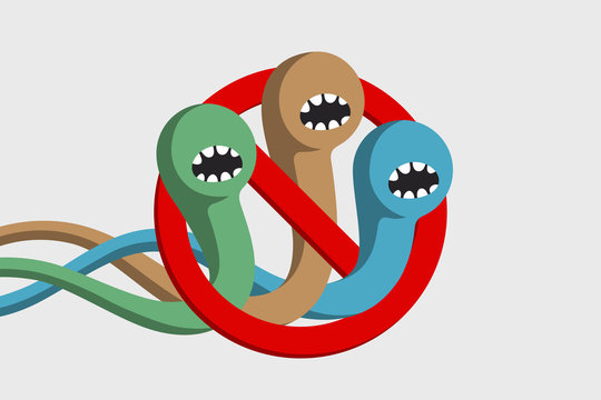 Colored angry worms trying to crawl through red prohibition sign