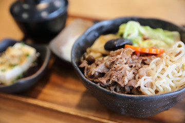 Sukiyaki donburi , sukiyaki hot pot stew with Japanese rice in bowl Japanese food