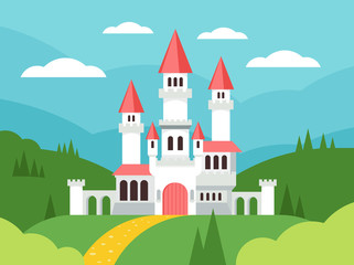 Obraz na płótnie Canvas Fairytale cartoon flat landscape with castle. Cute fantasy palace with towers, fantasy fairy house. Old medieval stone magic knight castle building vector illustration.