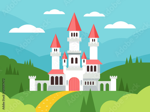 Fototapete Fairytale Cartoon Flat Landscape With Castle Cute Fantasy Palace With Towers Fantasy Fairy House Old Medieval Stone Magic Knight Castle Building Vector Illustration Denyshutter