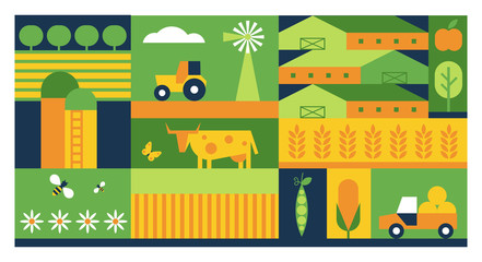 Farming industry flat vector background. Agriculture business color cartoon backdrop. Farmland fields, plants cultivation, industrial tractors machinery illustration. Meadows, cattle husbandry