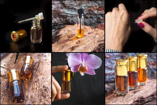 Collage from different pictures of Arabian oud attar perfume or agarwood oil fragrances in mini bottles