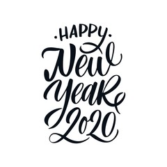 Fototapeta premium Happy New Year hand written lettering, modern calligraphy. Typography isolated on white background, vector illustration. Great for party posters and banners.