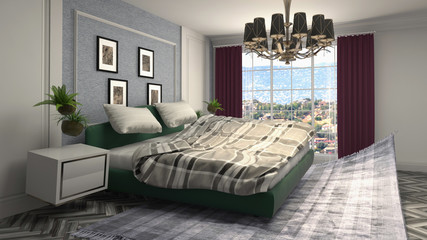 Zero gravity bed hovering in bedroom. 3D Illustration