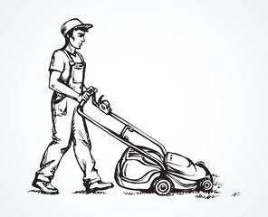Fototapeta na wymiar The man mows the grass. Vector drawing