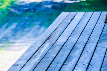 Wooden platform next to the lakeside chalet, Mont-Tremblant, Quebec