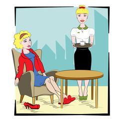 A beautiful Secretary greets guests of the organization and offers coffee on a tray