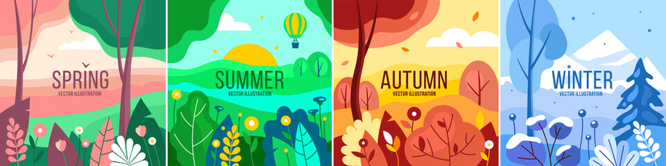 Vector set of seasons illustrations. Spring, summer, autumn, winter - landscapes in a flat style.