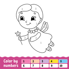 Color by numbers. Coloring book for kids. Cheerful character. Vector illustration. Cute cartoon style. Hand drawn. Fantasy page for children. Isolated on white background.