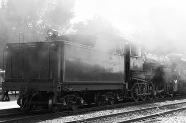 A 2-10-0 Decapod as it switches cars on a railline.  The 2-10-0s were used through railroads in the united states and other counties.