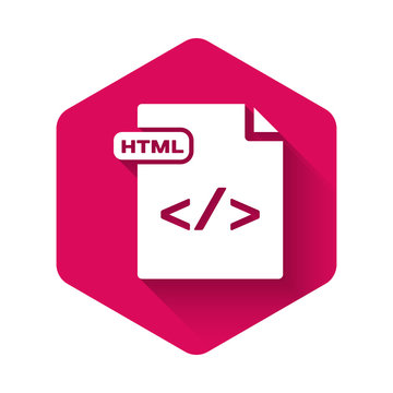 White HTML file document. Download html button icon isolated with long shadow. HTML file symbol. Markup language symbol. Pink hexagon button. Vector Illustration