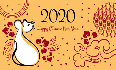 Chinese New Year 2020. The Year of the Mouse or Rat. Vector outline hand drawn brush illustration with sitting mouse, greeting and decorative flowers