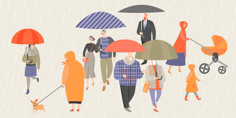 Vector illustration of people walking with umbrellas in the rain