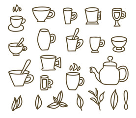 Tea set. Cups and teapots. Vector illustration.